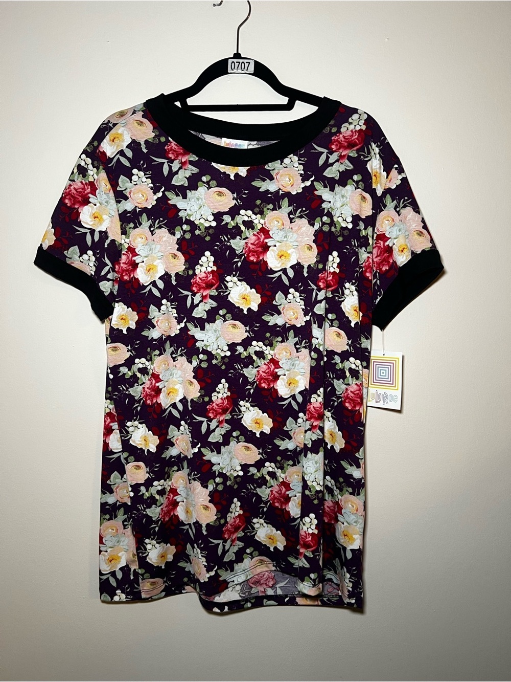 LuLaRoe Liv Floral Short Sleeve Tee - Purple Background, Pink & Red Flowers